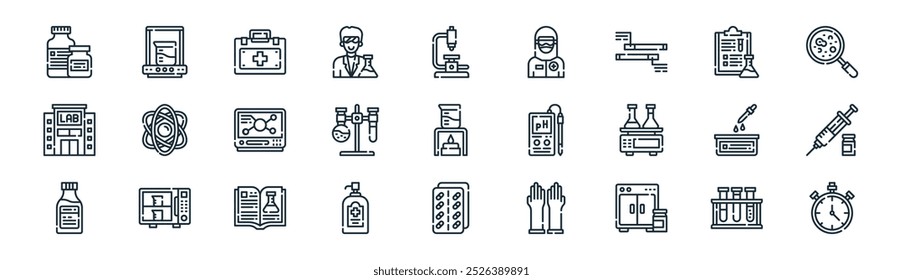 linear laboratory icon pack. vector thin line test tubes, experiment, first aid kit, report, experiment, vaccine, capsules, stopwatch icons suitable for apps and websites ui designs