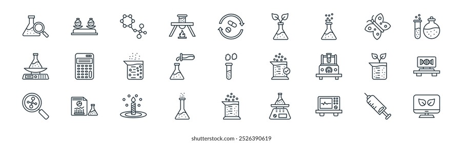 linear laboratory icon pack. vector thin line injection, lab scale, molecules, butterfly, chemicals, dna strand, beaker, eco icons suitable for apps and websites ui designs