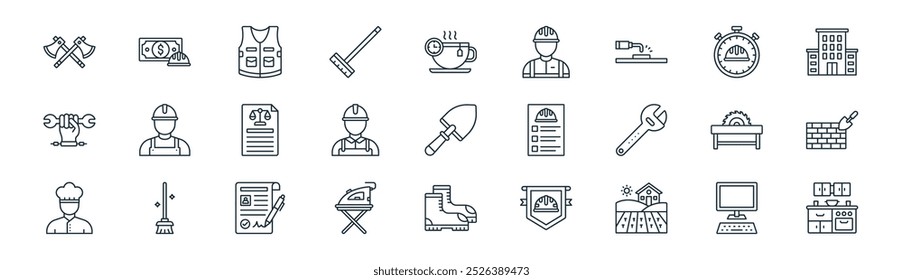 linear labour day icon pack. vector thin line computer, payment, protector vest, working hours, plumber, brick wall, boots, kitchen icons suitable for apps and websites ui designs