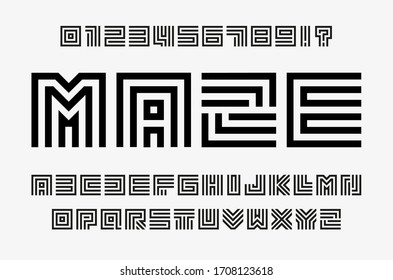 Linear labyrinth letters and numbers set. Line maze style alphabet. Contout geometric font, type for lineart logo and monogram concept. Outline vector typography design