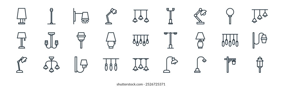 linear lamp icon pack. vector thin line street lamp, street lamp, wall garden light, table wall decor, garden light icons suitable for apps and websites ui designs