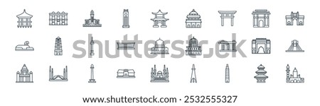 linear landmark icon pack. vector thin line nepal, turkey, saudi arabia, north korea, cape town, iran, istanbul, philippine icons suitable for apps and websites ui designs