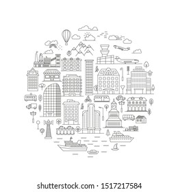 Linear landscape of a city street with buildings, roads, trees, transport and architectural elements. Minimal flat line outline stroke icon illustration.