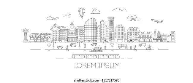 Linear landscape of a city street with buildings, roads, trees, transport and architectural elements. Minimal flat line outline stroke icon illustration.