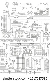 Linear landscape of a city street with buildings, roads, trees, transport and architectural elements. Minimal flat line outline stroke icon illustration.