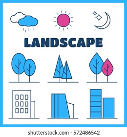 Linear landscape elements icons set. Line trees, flowers, bushes, water waves, cloud, stones, grass plant in flat style