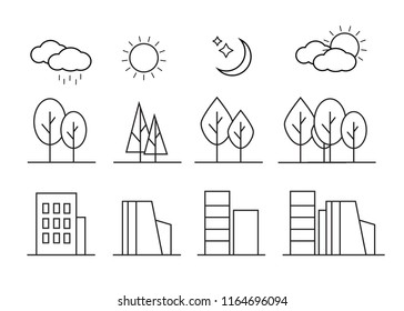 Linear landscape elements vector icons set