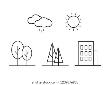 Linear landscape elements vector icons set