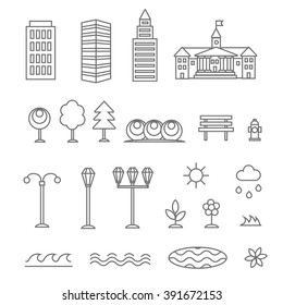 Linear landscape elements vector icons set. Line buildings trees, flowers,  plant and bench. 