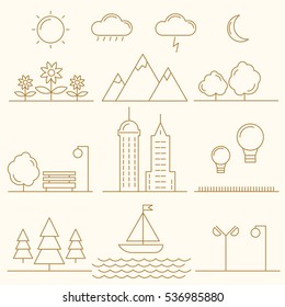 Linear landscape elements vector icons set. Line trees, flowers, mountains, water waves, cloud, bench, air balloon, building, ship. Design set graphic outline illustration.