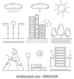 Linear landscape elements vector icons set. Line trees, mountains, water waves, cloud, bench, moon, building, street light. Design set graphic outline illustration.