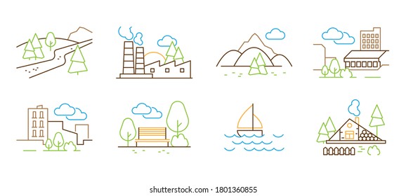 Linear landscape. Tree hills clouds houses park vector thin line illustrations