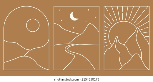 Linear landscapes in boho style. Bohemian logos: desert, mountains, hills in a trendy minimalistic style. Sun and moon, sunset. Travel Emblems. Branding design templates. Stock vector illustration.