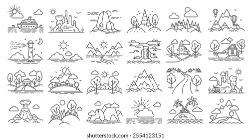 Linear landscapes of mountains, forests and rivers, trees and houses, hot air balloon and desert. Cruise ship, lighthouse and volcanoes. Ideal for travel and publication design. Vector illustration.