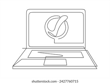 linear laptop with green check mark. concept of okay system update process or privacy control support. Approved payment or transaction.Continuous one line.