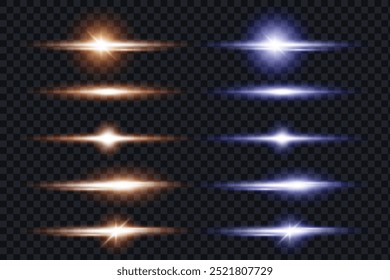 Feixes de laser lineares iluminados por luz de néon, efeito de luz brilhante, Flash de luz azul e dourada. Ilustração vetorial.