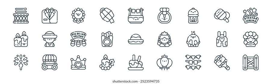 vetor linha fina maracas, tuxedo, girassol, balero, batatas fritas, mulher, caramelizado, ícones de cerca adequados para aplicativos e sites ui designs