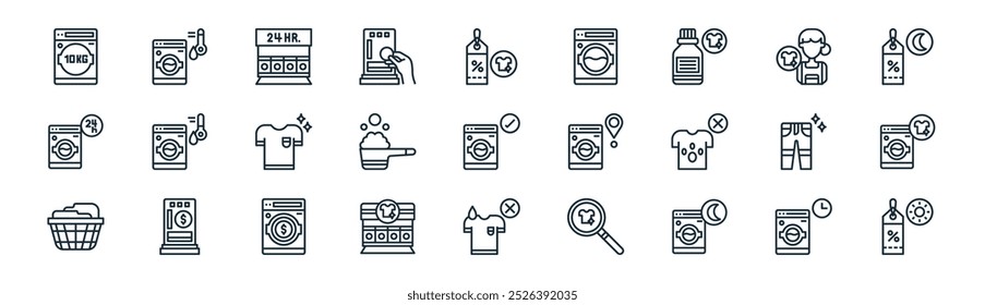 linear laundry shop icon pack. vector thin line washing hine, washing hine, washing hine, maid, powder, clean, wet, offer icons suitable for apps and websites ui designs