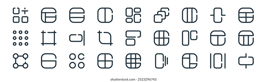 linear layout and grid icon pack. vector thin line center, layout, layout, align center, crop, align center icons suitable for apps and websites ui designs