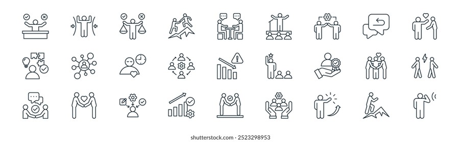 linear leadership icon pack. vector thin line courage, resilience, ethics, feedback, change management, conflict resolution, diploy, listening icons suitable for apps and websites ui designs