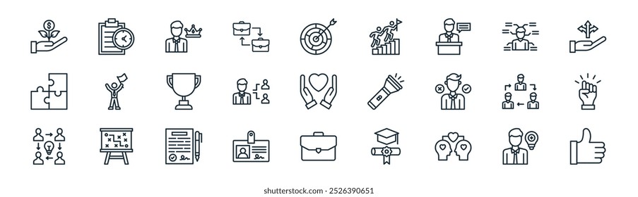 linear leadership icon pack. vector thin line positive thinking, time management, elite, skills, leader, motivation, briefcase, thumbs up icons suitable for apps and websites ui designs