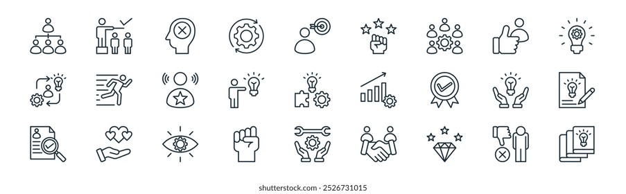 linear leadership icon pack. vetor thin line dislike, disciplina, falha, feedback, pioneiro, , habilidades, ícones de literatura adequados para apps e sites ui designs