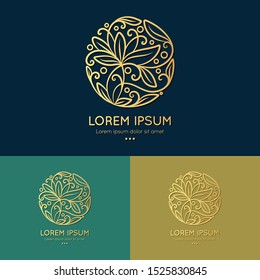 Linear leaf emblem in a circle shape. Can be used as monogram and logo. Luxury vintage vector template with elegant elements. Great for wallpaper or background decoration.