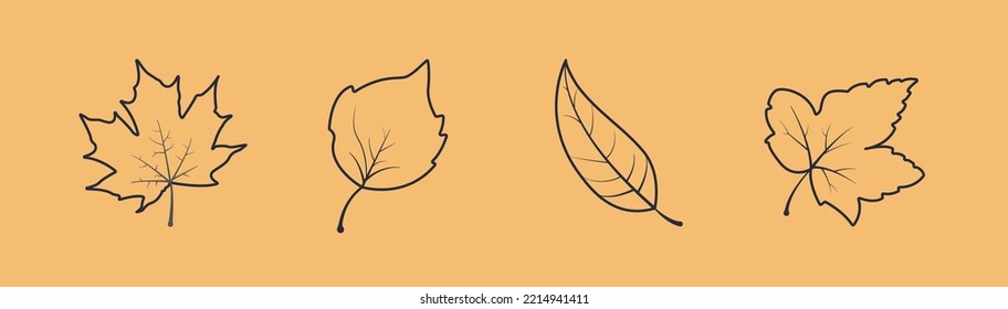 Iconos o signos de hoja lineal aislados colocados sobre fondo amarillo. Los iconos vectoriales de alta calidad de la naturaleza y de los árboles.