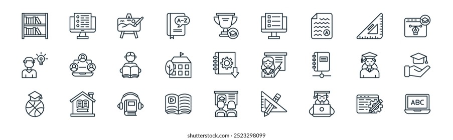 Vector de línea delgada eLearning, monitor, pintura, Regla cuadrada, campus, gorra de graduación, estudiantes, iconos de aprendizaje en línea adecuados para App y Sitios web UI diseños