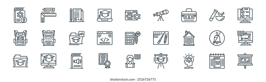 linear learning icon pack. vector thin line world book day, ruler, exam, experiment, web programming, physics, reading, projector screen icons suitable for apps and websites ui designs