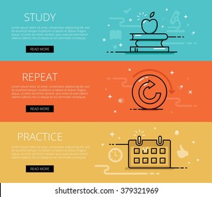 Linear learning web banners vector set. Line books pillars, apple fruit, repeat arrow, practice calendar. Design set of graphic outline banners illustration