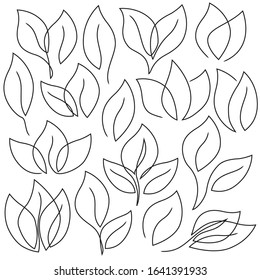 Linear leaves continuous single line symbols set. Spring, eco, natural, organic concept design element collection. Modern minimal outline style silhouette bundle. Vector scribble isolated illustration