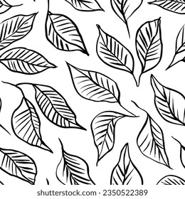 Lineare Blätter mit Venen nahtloses Muster. Botanische Ornamente mit Blattwerk. Einfache Zweige mit Blättern nahtlos Muster. Dekoratives Dekorationsdesign mit Kontur, einfachem Blattwerk.