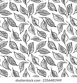 Linear leaves with veins seamless pattern. Botanical ornament with contour foliage. Simple branches with leaves seamless pattern. Decorative ornament design with contour simple style foliage.