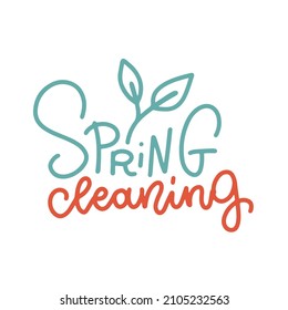 Linear lettering of Spring cleaning with leaf. Concept for cleaning service, house work, domestic life. Design for poster, banner, blog, flyer, sticker, ad, promotion. Hand drawn vector design.