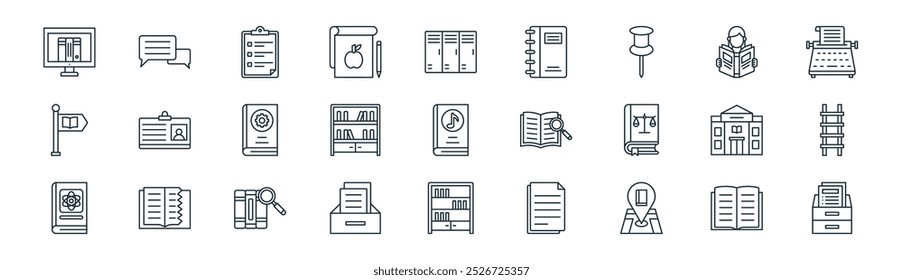 linear library icon pack. vector thin line open book, chat, clipboard, reading book, library, ladder, cabinet, database icons suitable for apps and websites ui designs