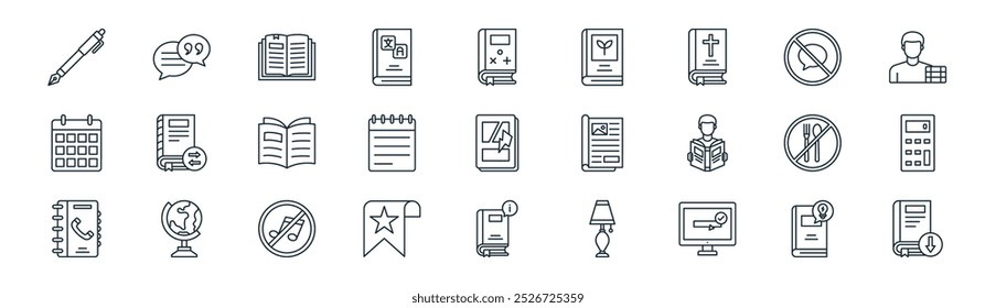 linear library icon pack. vector thin line knowledge, quotes, open book, no talking, notebook, calculator, book, download icons suitable for apps and websites ui designs