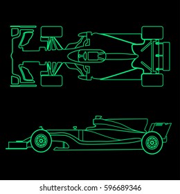 Linear light silhouette of a racing car isolated on black background. Top view and side view. Vector illustration