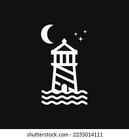 linear lighthouse logo with wave vector design on black background