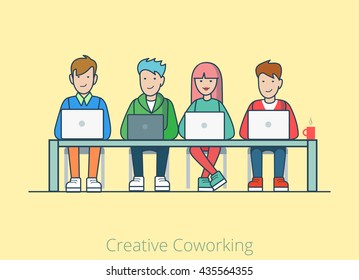 Linear line art coworking flat web infographic concept vector. Co-working cartoon quartet four people table laptops. Office agency work process teamwork brainstorming. Creative people collection.