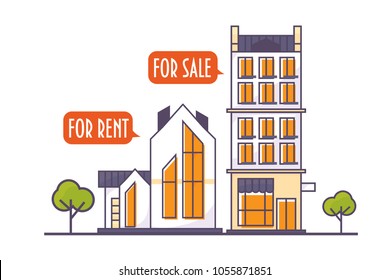 Linear or line art style vector illustration for suburban neighborhood real estate agency: cityscape with residential and commerce houses or buildings. Could be used website landing page template.