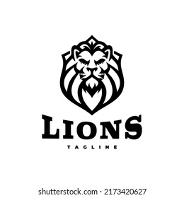 Logo-Design des linearen Löwenkopfes und Schildes Vektorgrafik-Illustration der Linie