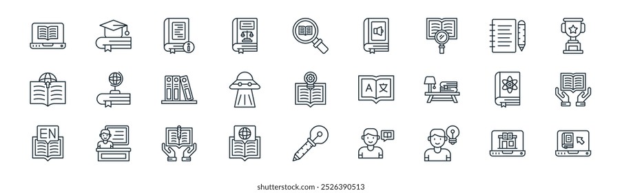 linear literature icon pack. vector thin line book shop, education, information, notes, ufo, textbook, pencil, online library icons suitable for apps and websites ui designs