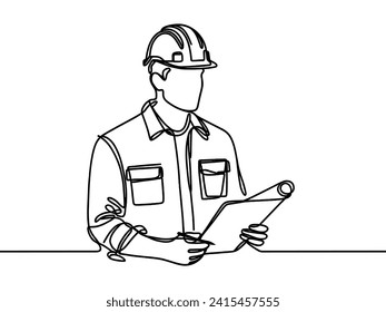 A linear little engineer in a helmet with plans in his hands