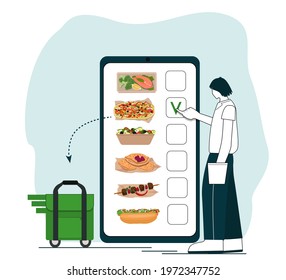 A linear little person, a teenager, chooses food in a mobile app, orders ready meals online. The symbol of a thermos bag on wheels, fast delivery of food .  Vector illustration, flat style