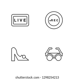 Linear Live, High heel, Record, Eyeglasses Vector Illustration Of 4 outline Icons. Editable Pack Of Live, High heel, Record, Eyeglasses