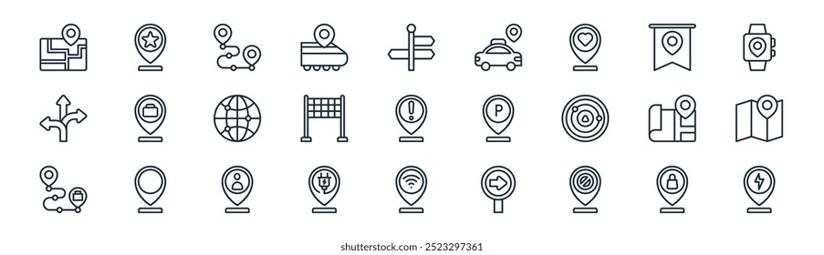 linear location icon pack. vector thin line shopping store, favorite, route, bookmark, finish line, map, wifi, energy icons suitable for apps and websites ui designs