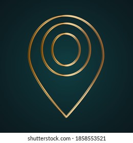 Linear location pin pointer icon vector logo. Gold metal with dark background