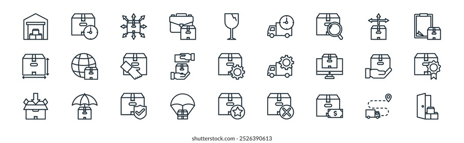 linear logistic and delivery icon pack. vector thin line pathway, delivery time, distribution, direction, cash on delivery, guaranteed, favorite, door to door icons suitable for apps and websites ui