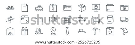 linear logistic delivery icon pack. vector thin line box, file, cargo ship, box, cargo truck, cargo truck, tie, trolley icons suitable for apps and websites ui designs